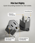 Top Tier Four Pack ETL Certified 2 Prong To 3 Prong Outlet Adapter Gray Heavy Duty Electrical Plug Converter, featuring polarized plug and grounding tab.