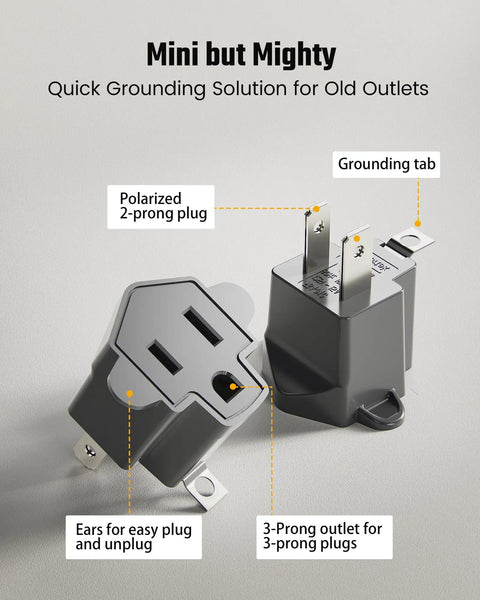 Top Tier Four Pack ETL Certified 2 Prong To 3 Prong Outlet Adapter Gray Heavy Duty Electrical Plug Converter, featuring polarized plug and grounding tab.