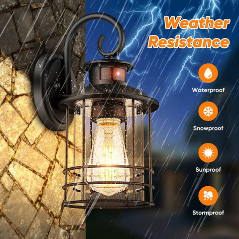 2-Pack Motion Sensor Outdoor Wall Sconces With Dusk To Dawn Photocell, Waterproof Matte Black Lantern Lights in Seeded Glass