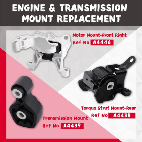 Beefed Up Engine And Transmission Mount Kit For Mazda 3 2014 2015 2016 2017 2018 2.0L And 2.5L Models Plus CX 5 2.5L Three Piece Set A4446 A4438 A4439 Heavy Duty Steel And Rubber Replacement product display showing three mounts