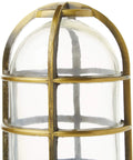 Close-up of Vandal Resistant 150W Incandescent Security Light with ceiling mount, antique brass finish, UL listed, glass guard detail.