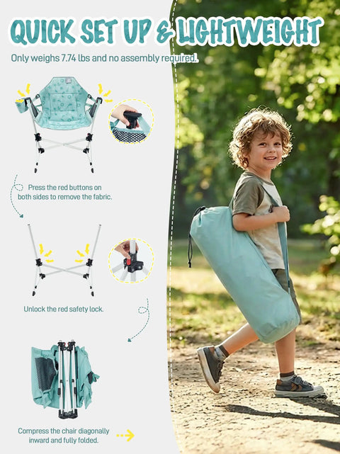 Kid carrying a foldable Kids Hammock Chair Foldable With Stand, Portable Camping Swing Chair with cup holder for easy travel setup