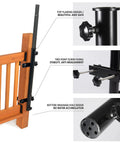 Heavy Duty 304 Stainless Steel Patio Umbrella Holder attached to wooden railing with black base and bracket details