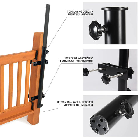 Heavy Duty 304 Stainless Steel Patio Umbrella Holder attached to wooden railing with black base and bracket details