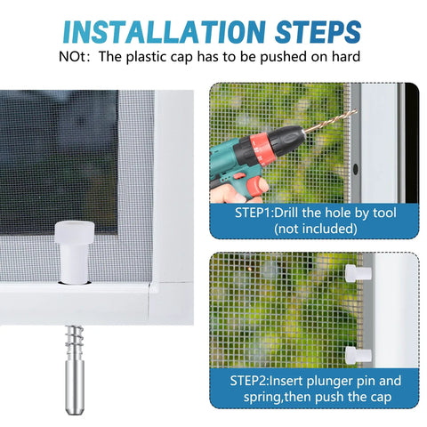 Installation steps for Twelve Pack Window Screen Plunger Latches With Aluminum Pins And White Caps One Point Five Inch Length.