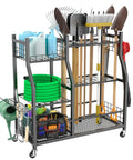 Garden Tool Organizer With Wheels Rolling Cart For Garage And Shed Large Upright Stand For Rakes Shovels And Long Handled Yard Tools Indoor Outdoor Storage To Keep Tools Neat And Accessible