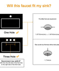 Diagram showing compatibility of Waterfall Bathroom Sink Faucet In Brushed Nickel With Glass Disk Rinser for one and three hole sinks