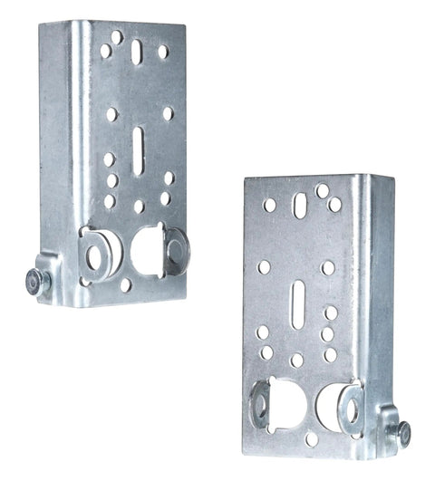 Garage Door Bottom Lifting Brackets Kit With Twelve M6 Mounting Bolts For Seven Sixteenth Inch Stem Heavy Duty Galvanized Steel Construction Residential Bottom Roller Brackets Left And Right Pair For Easy No Fuss Install shown in silver steel.