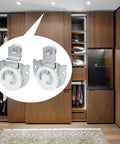Sliding Closet Door Hardware Set 4 Pack Includes All Necessary Rollers Knobs Screws And Adjustable Hooks For Two Wood Doors Durable Galvanized Steel Construction With Round Recess Finger Pulls And Dual Floor Guide For Smooth Operation visible in closet setting