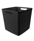 Set Of Four Large Cube 17L Jute Texture Plastic Storage Baskets Dope Organization For Home Office Closet Shelves Kitchen Pantry And Bedroom Essentials Black, featuring a black jute-texture cube bin with handles.