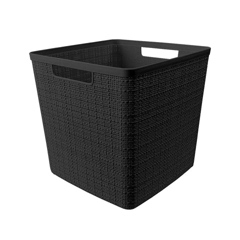 Set Of Four Large Cube 17L Jute Texture Plastic Storage Baskets Dope Organization For Home Office Closet Shelves Kitchen Pantry And Bedroom Essentials Black, featuring a black jute-texture cube bin with handles.