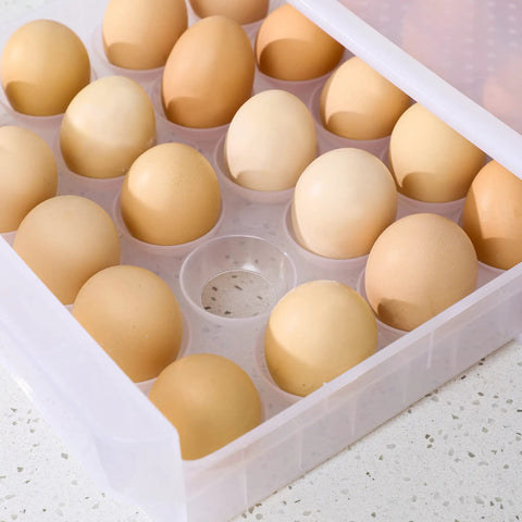Close-up of Two Tier Stackable Egg Organizer for Fridge Clear Plastic Egg Storage Bin Holds Up to 60 Eggs Drawer Design Moisture Proof