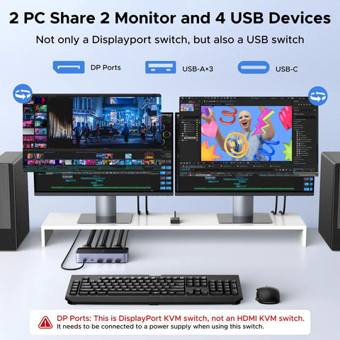 8K 60Hz DisplayPort KVM Switch For Two Monitors And Two Rigs Aluminum Build Plug And Play Share Keyboard Mouse And Four USB 3 0 Devices Extend Or Mirror Modes on dual-monitor desk