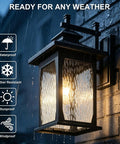 Luminzone Outdoor Light Fixtures Wall Mount Solar Lantern, Vintage Dusk to Dawn Wall Sconce with Remote Control & LED Bulb, Waterproof Exterior Wall Light for Porch Patio Courtyard Doorway 18'' illuminated in rain.