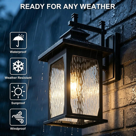 Luminzone Outdoor Light Fixtures Wall Mount Solar Lantern, Vintage Dusk to Dawn Wall Sconce with Remote Control & LED Bulb, Waterproof Exterior Wall Light for Porch Patio Courtyard Doorway 18'' illuminated in rain.