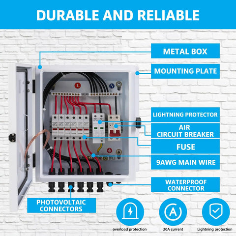 Heavy Duty 6 String Solar Combiner Box With Stout Metal Enclosure, 20A Fuse Protection, Surge Guard, And 63A Breaker For PV Arrays