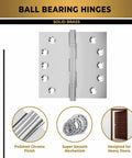 Solid Brass Chrome Door Hinges Set Of 24 Heavy Duty Ball Bearing 5x5 Inch Hinges with polished chrome finish, close-up view