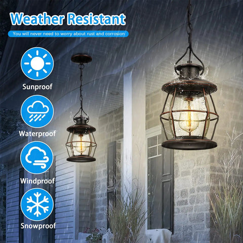Outdoor Pendant Light For Porch And Patio, Farmhouse Exterior Hanging Fixture with adjustable chain shown in weather-resistant setting