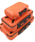 Stacked heavy duty fishing lure box for tackle storage with waterproof compartments, set of small, medium, large orange cases.