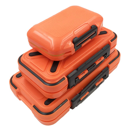 Stacked heavy duty fishing lure box for tackle storage with waterproof compartments, set of small, medium, large orange cases.