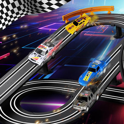 Action Packed Slot Car Race Track Set With Electric Or Battery Power Includes Four High Speed Cars Two Hand Controllers