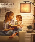 Tall Industrial Floor Lamp With LED 9W Bulb Wood Grain Shade in living room with mother and child reading, cozy ambiance.