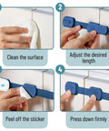 Four-step installation guide for Six Pack Dark Blue Child Safety Strap Locks For Cabinets And Drawers, Kitchen, Fridge, Toilet And Furniture, Easy Install With Quick 3M Adhesive, Multi Purpose Babyproofing Keeps Cords And Kids Safe.