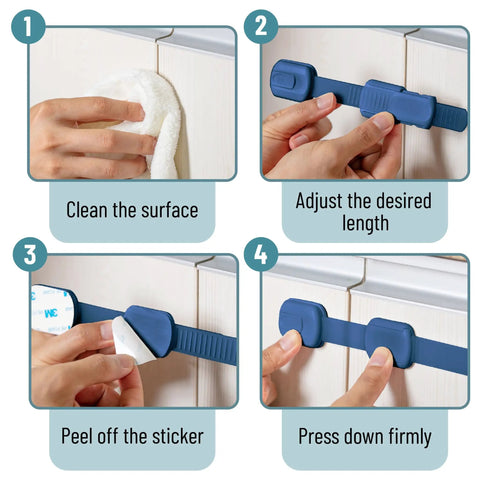 Four-step installation guide for Six Pack Dark Blue Child Safety Strap Locks For Cabinets And Drawers, Kitchen, Fridge, Toilet And Furniture, Easy Install With Quick 3M Adhesive, Multi Purpose Babyproofing Keeps Cords And Kids Safe.