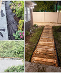 Collage of 50 Pack Four Point Three Inch Plastic Garden Stakes for weed barrier and landscape edging in various outdoor setups