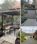 Sturdy Stainless Steel Garden Arch For Climbing Plants Outdoor Wedding Ceremony Arbor 3.5x2.4m 11x7.9ft No Fuss Setup And Low Maintenance Ideal For Party Decor And Garden Landscaping. Stainless steel garden arch over outdoor seating area.