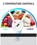 Workhorse Stand Up Upright Freezer Five Cubic Feet With Reversible Door And Four Sturdy Steel Shelves displays 3 temperature controls for optimal settings.