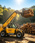All Terrain 4WD Telehandler lifting logs in a construction or logging site, showing industrial-grade telescopic forklift in action