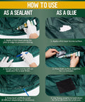 Instructional image showing steps to apply Flexible Tent Repair Glue Seam Sealer Waterproof Sealant For Tents And Outdoor Gear 60ml.