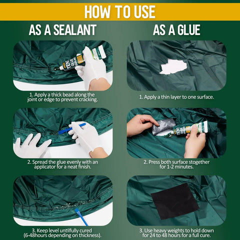Instructional image showing steps to apply Flexible Tent Repair Glue Seam Sealer Waterproof Sealant For Tents And Outdoor Gear 60ml.