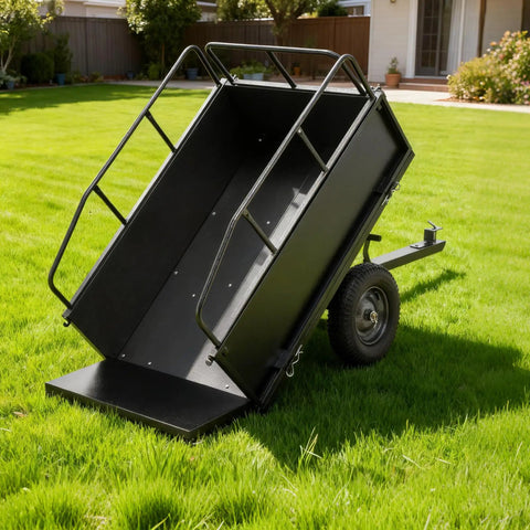 Heavy Duty Steel Dump Cart Trailer With 600 Lb Load Capacity 17 Cu Ft Tow Behind Hauler in garden setting.