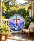 Floral Branches Acrylic Puzzle Sun Catcher For Doors And Windows Two In One Puzzle And Hanging Ornament Kit Easy To Assemble For Stress Relief And DIY Home Decor Blue For Adults hanging in window with floral cross design