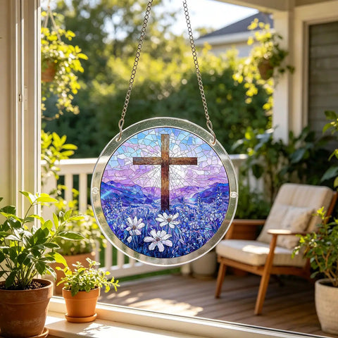 Floral Branches Acrylic Puzzle Sun Catcher For Doors And Windows Two In One Puzzle And Hanging Ornament Kit Easy To Assemble For Stress Relief And DIY Home Decor Blue For Adults hanging in window with floral cross design