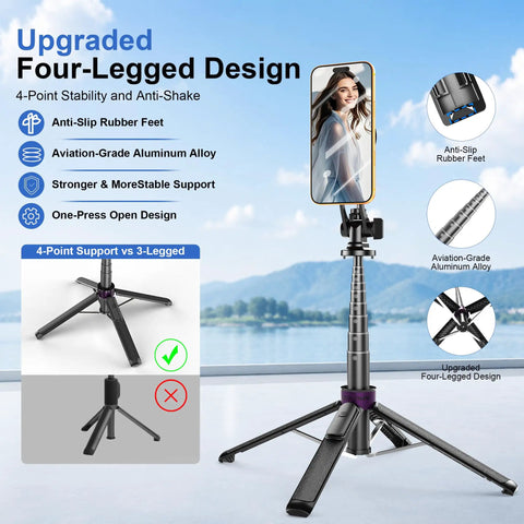 4 In 1 Magnetic Tripod For iPhone With 1 Quarter Inch Screw 53 Inch MagSafe Selfie Stick Tripod with upgraded four-legged design