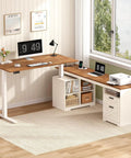 No Sweat 66 Inch Farmhouse L Shaped Standing Desk With Smooth Electric Height Adjustment Three Memory Presets LED Screen and storage.