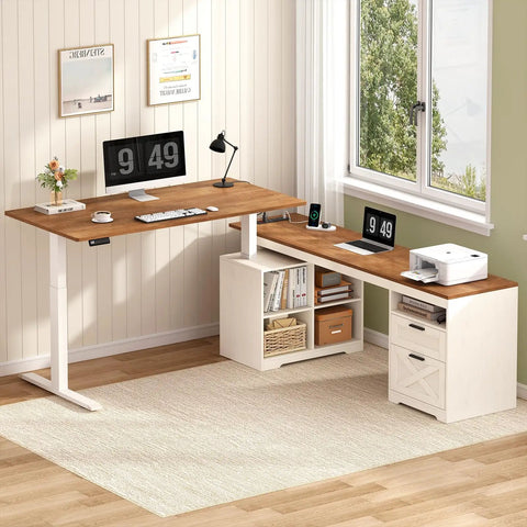 No Sweat 66 Inch Farmhouse L Shaped Standing Desk With Smooth Electric Height Adjustment Three Memory Presets LED Screen and storage.
