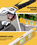 Adjustable wrench tightening bolt and yellow torpedo level included in Must-Have 237-Piece Household And Auto Repair Tool Kit