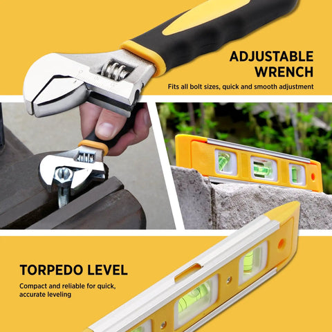 Adjustable wrench tightening bolt and yellow torpedo level included in Must-Have 237-Piece Household And Auto Repair Tool Kit