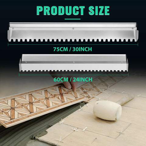 Heavy Duty 30 Inch Square Notched Tile Trowel For Large Tiles And Thick Bed Mortar shown with size comparison