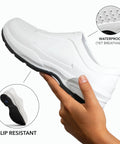 All Day Slip Resistant Comfort Work Shoe For Nurses And Chefs With Wide Toe Box held in hand showing sole and ventilation
