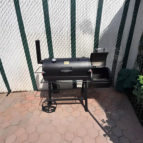Outdoor view of an offset smoker grill featuring lid clamp replacement for Longhorn and Highland smokers with an open firebox.