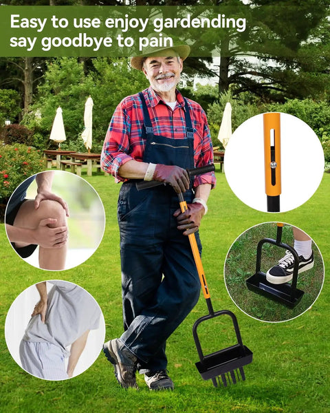 Person using 2-In-1 Manual Lawn Aerator Tool With Soil Core Storage Tray 41.3 Inch Heavy Duty Carbon Steel Core Aerator For Compacted Soil