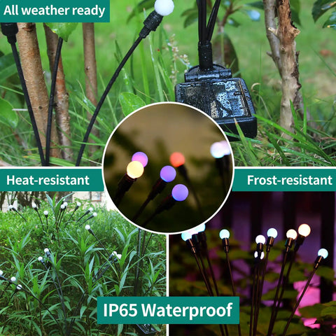 Solar Firefly Garden Lights With 10 LED Starburst Swaying Design And Color Changing RGB on green plants, IP65 waterproof, outdoor use