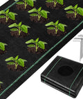 Heavy Duty Landscape Fabric With Planting Holes 4 By 25 Feet Ground Cover For Gardens Breathable Weed Barrier visible with plants and nails