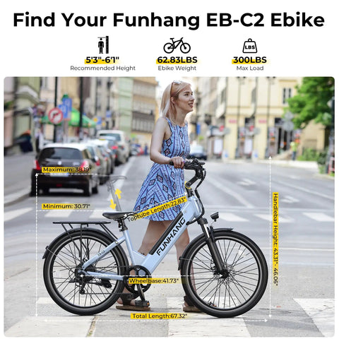Woman standing beside High Power 1000W Peak Electric Bike For Adults With 20 MPH Top Speed, 26 Inch Step Thru Commuter E Bike in city