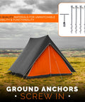 Tent anchored with Heavy Duty Steel Screw Ground Anchors Set Of 4, 12 Inch Silver Metal Stakes for high wind resistance.